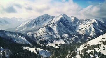 AI generated panorama of the mountains, view from the top of the mountain, snowy mountain, snow covered mountains in winter photo