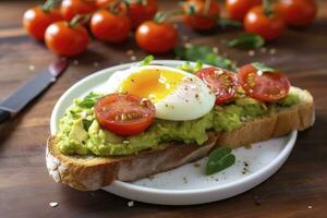 AI generated Avocado toast with eggs and roasted tomatoes. AI Generated photo