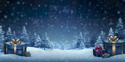 AI generated Merry Christmas and new year, gift boxes bokeh background. Christmas gifts background. AI Generated photo
