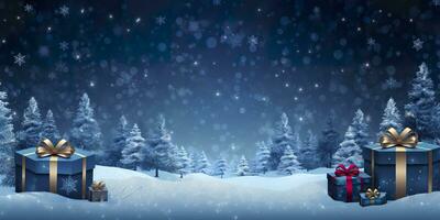 AI generated Merry Christmas and new year, gift boxes bokeh background. Christmas gifts background. AI Generated photo