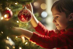 ai generado niño decorando Navidad árbol de cerca. ai generado foto