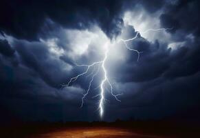 AI generated Lightning strikes on a cloudy dramatic stormy sky. AI Generated photo