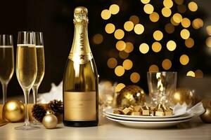 AI generated Christmas table setting with holiday decorations in gold color. AI Generated photo