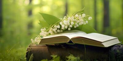 ai generado lirio de el Valle flores y antiguo libros en el bosque, verde natural antecedentes. ai generado foto