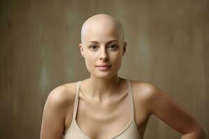 ai generado retrato de caucásico calvo chica, alopecia y cáncer conciencia foto