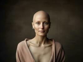 ai generado retrato de caucásico calvo mujer, alopecia y cáncer conciencia, Copiar espacio foto
