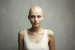 ai generado retrato de caucásico calvo chica, alopecia y cáncer conciencia foto