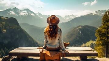 AI generated Back view of hipster girl sitting, with background of beautiful mountains scene photo