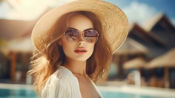 AI generated Beautiful caucasian woman relaxing at resort during vacation photo