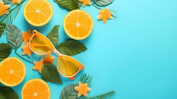 AI generated Orange slices, green leaves and sunglasses background with copy space photo