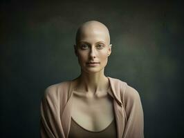 ai generado retrato de caucásico calvo mujer, alopecia y cáncer conciencia, Copiar espacio foto