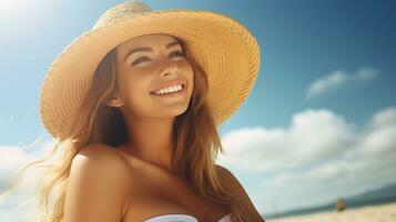 AI generated Beautiful caucasian woman tanning skin on beach photo