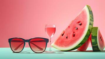 AI generated Watermelon slice, juice drink and sunglasses background with copy space photo