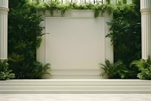 AI generated Luxury mockup frame wall decorated by green plants, copy space photo