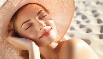 AI generated Beautiful caucasian woman with healthy perfect face skin at beach photo