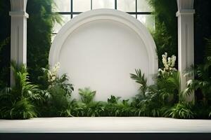 AI generated Luxury mockup frame wall decorated by green plants, copy space photo