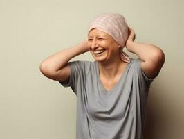 ai generado retrato de caucásico calvo mujer, alopecia y cáncer conciencia foto