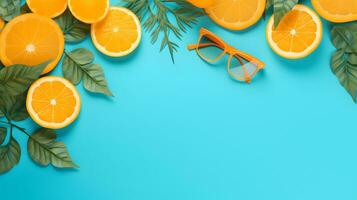 AI generated Orange slices, green leaves and sunglasses background with copy space photo