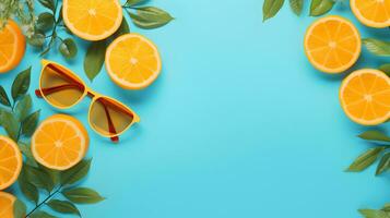 AI generated Orange slices, green leaves and sunglasses background with copy space photo