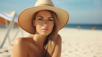 AI generated Beautiful caucasian woman tanning skin on beach photo