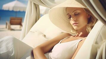 AI generated Beautiful caucasian woman relaxing at beach during vacation photo