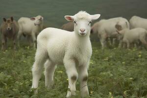 ai generado blanco Cordero en un campo en frente de otro animales generativo ai foto