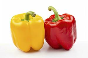 AI generated Two bell peppers, a red and a yellow isolated on white background. AI Generated. photo