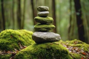 ai generado pirámide piedras equilibrar en antiguo cubierto de musgo caído árbol. ai generado foto