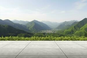 AI generated Square floor and green mountain nature landscape. AI Generated. photo