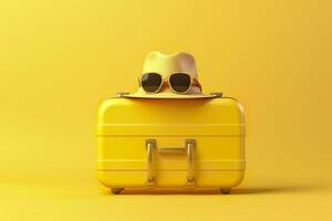 AI generated Yellow suitcase with sun glasses and hat on yellow background. travel concept. Generative AI photo