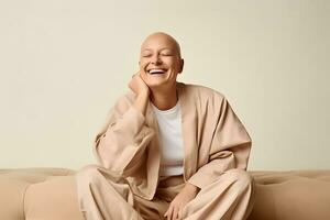 ai generado retrato de caucásico calvo mujer, alopecia y cáncer conciencia foto