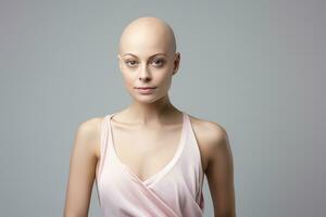 ai generado retrato de caucásico calvo chica, alopecia y cáncer conciencia foto