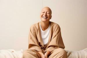 ai generado retrato de caucásico calvo mujer, alopecia y cáncer conciencia foto