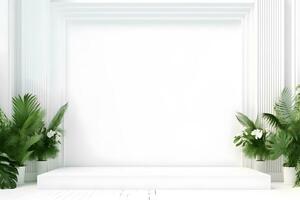 AI generated White mockup frame wall decorated by green plants, copy space photo