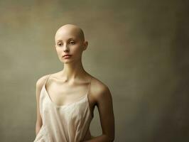 ai generado retrato de caucásico calvo chica, alopecia y cáncer conciencia foto
