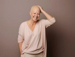 ai generado retrato de caucásico calvo mujer, alopecia y cáncer conciencia foto