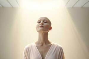 ai generado retrato de caucásico calvo chica, alopecia y cáncer conciencia foto