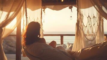 AI generated Beautiful caucasian woman relaxing at beach during vacation photo