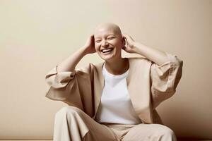 ai generado retrato de caucásico calvo mujer, alopecia y cáncer conciencia foto