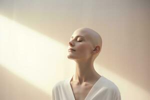 ai generado retrato de caucásico calvo chica, alopecia y cáncer conciencia foto