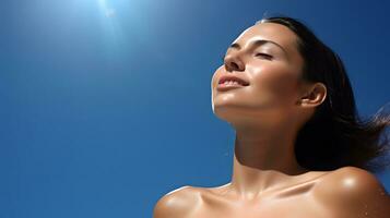 AI generated Beautiful caucasian woman with healthy perfect face skin enjoying sunbathing photo