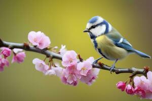 ai generado un bluetit pájaro descansando en el rama de un árbol. ai generado. foto