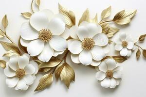 AI generated 3d gold flowers white backgroung. AI Generated photo