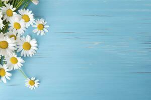 AI generated Daisy border on blue wood. AI Generated photo