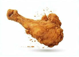 AI generated Fried chicken leg falling in the air isolated on a white background. AI Generated. photo