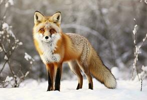 ai generado rojo zorro en pie en nieve. ai generado. foto