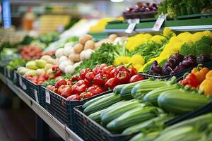 ai generado frutas y vegetales a ciudad mercado. ai generado foto