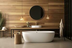 AI generated Interior of stylish bathroom with wooden cabinet, sink, bathtub, and mirror. AI Generated photo