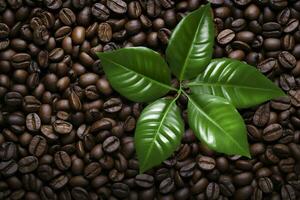 AI generated Green leaves with coffee beans as background. AI Generated photo