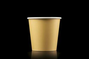 AI generated Side view yellow empty disposable paper fast food cup isolated on black background. Generative AI photo